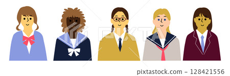 Female students from various countries, uniforms, front upper body icon set, 5 people 128421556