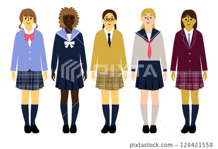Female students from various countries in uniforms, front view, full body icon set, 5 people 128421558