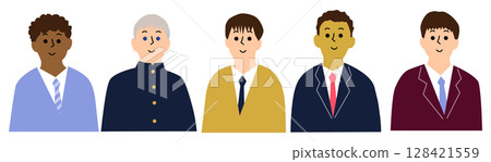 Male students from various countries, uniforms, front upper body icon set, 5 people 128421559