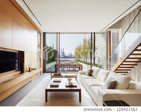 AI-generated image: Living room of a modern newly built home 128421561