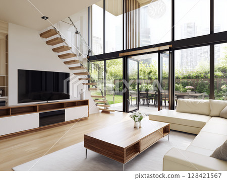 AI-generated image: Living room of a modern newly built home 128421567