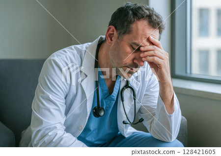 Sad doctor feeling guilt after medical mistake, mental health, anxiety, difficult professional responsibility, ethical problem, pressure in healthcare system 128421605