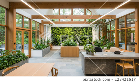 Stunning biophilic office lobby interior with massive vertical green living wall wooden architectural beams and natural stone reception desk creating a sustainable eco friendly environment 128421617