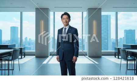 Confident japanese businessman standing in modern high rise office with city view, successful asian male executive portrait, serious mature CEO in suit 128421618