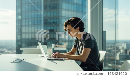 Young man working on laptop in modern office with panoramic city view, focused male freelancer or student typing on computer at large white table 128421620
