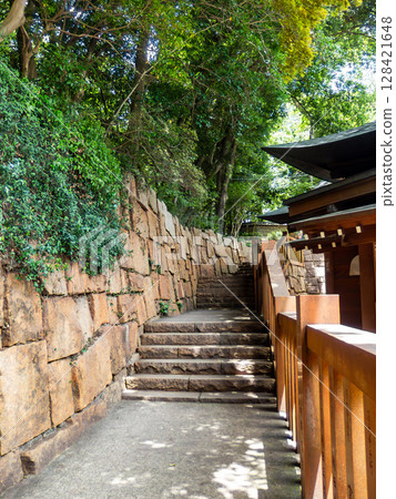 神社的通道周圍綠樹成蔭，石雕精美 128421648