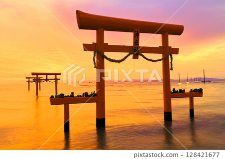 [Saga Prefecture] The underwater torii gates of Ooguo Shrine at sunrise 128421677