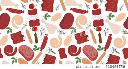 Seamless pattern with meat products 128421756