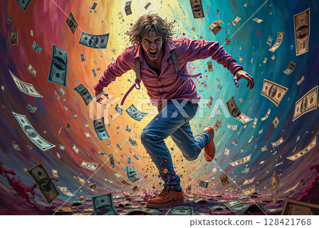 The appearance of a financially dependent person. A man who has fallen into financial dependence, he seems to be captured by money, combining elements of fantasy and chaos. A surreal image. The appearance of a financially dependent person. A man who has fallen into financial dependence, he seems to be captured by money, combining elements of fantasy and chaos. A surreal image. 128421768