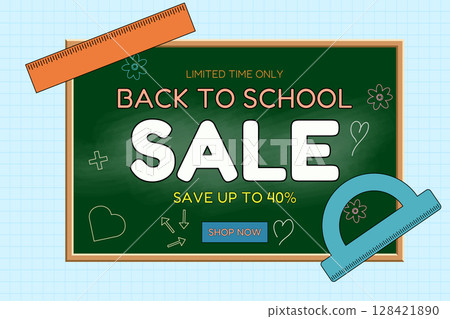 Back to school sale chalkboard with geometric rulers and discount text on a grid background. Vector illustration for seasonal promotion, shopping advertisement, online store, and marketing material. Back to school sale chalkboard with geometric rulers and discount text on a grid background. Vector illustration for seasonal promotion, shopping advertisement, online store, and marketing material. 128421890
