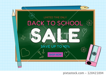 Back to school sale banner with green chalkboard, pencil, pen, and sharpener. School essentials promotion illustration on graph background. For seasonal shopping advertisement, and marketing material. 128421894