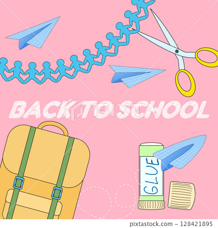 Concept poster with back to school scene of scissors, glue, backpack, paper chain, and paper planes on pink background. For educational website, promotional banner, media content, or classroom decor. Concept poster with back to school scene of scissors, glue, backpack, paper chain, and paper planes on pink background. For educational website, promotional banner, media content, or classroom decor. 128421895