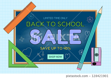 Back to school sale banner with chalkboard, pencil, ruler, triangle, sharpener, and doodles on checkered background. For seasonal promotion, shopping advertisement, online store, or marketing material Back to school sale banner with chalkboard, pencil, ruler, triangle, sharpener, and doodles on checkered background. For seasonal promotion, shopping advertisement, online store, or marketing material 128421901