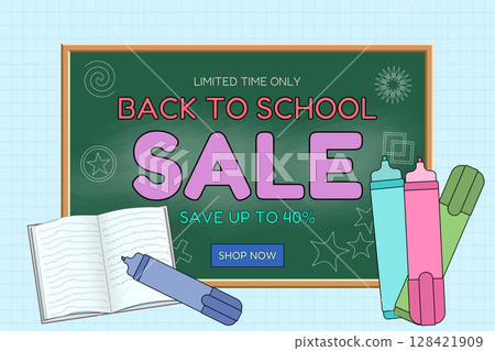 Back to school sale banner with green chalkboard, markers, open notebook and discount message on grid background. For seasonal promotion, shopping advertisement, online store, and marketing material. 128421909
