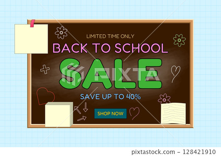 Back to school sale chalkboard with sticky notes, hand-drawn doodles, and discount message on grid paper background. For seasonal promotion, shopping advertisement, online store, marketing material. 128421910