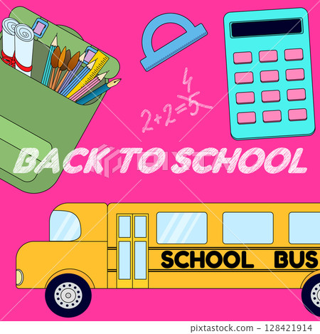 Concept poster with back to school vector scene of school bus, backpack full of supplies, calculator, protractor ruler and chalk text on pink background. For educational website, or promotional banner Concept poster with back to school vector scene of school bus, backpack full of supplies, calculator, protractor ruler and chalk text on pink background. For educational website, or promotional banner 128421914