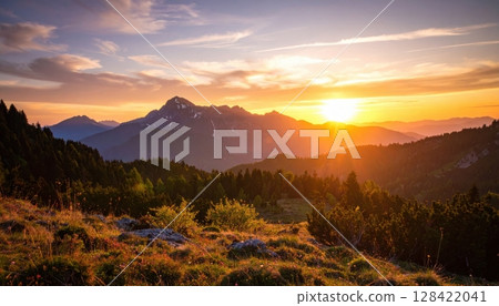 An enchanting mountain landscape unfolds with a vibrant sky at either sunrise or sunset, revealing a panoramic view of nature's beauty across forests, valleys, and meadows An enchanting mountain landscape unfolds with a vibrant sky at either sunrise or sunset, revealing a panoramic view of nature's beauty across forests, valleys, and meadows 128422041