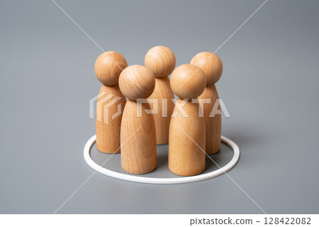 A group of human figures in a white circle. A selection of people. Recruitment, survey sampling, or targeted focus groups. Targeted marketing 128422082