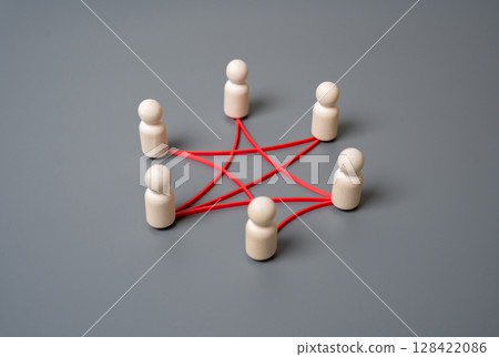 People in a circle are connected by lines and connections. Teamwork, digital connectivity, or interlinked systems. Networking, social interaction, corporate structures, or tech ecosystems. People in a circle are connected by lines and connections. Teamwork, digital connectivity, or interlinked systems. Networking, social interaction, corporate structures, or tech ecosystems. 128422086