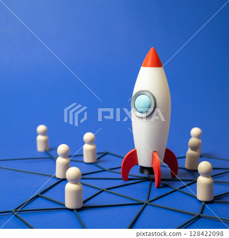 Rocket and a network of connected people. Cooperation in the aerospace industry. International cooperation, team-based innovation, or global workforce integration in space technology. 128422098