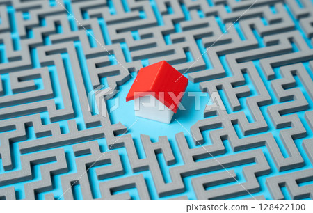 A house in the middle of a labyrinth mazes. Difficulty in buying your own home. Infrastructure and transport system, laying a route. Obstacles to homeownership, bureaucratic complexity 128422100