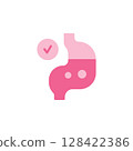 Medical Icon Representing Healthy Stomach with Checkmark in Soft Pink Colors Emphasizing Digestive Wellness and Care 128422386