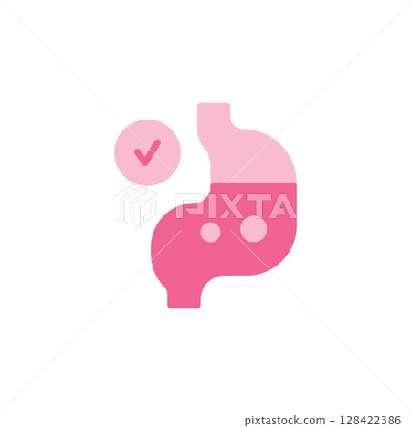 Medical Icon Representing Healthy Stomach with Checkmark in Soft Pink Colors Emphasizing Digestive Wellness and Care 128422386