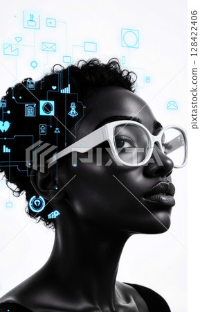 Black woman wearing smart glasses with glowing data icons surrounding her head, future tech symbol, isolated , 3D stylized Black woman wearing smart glasses with glowing data icons surrounding her head, future tech symbol, isolated , 3D stylized 128422406