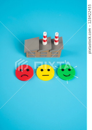 Factory building and satisfaction ratings. Good business performance and investment climate. Efficient management, corporate transparency, and sustainable production. Business stability 128422455