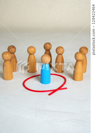 The man is separated from the crowd by a red line. Isolation from society. Safety and personal boundaries. Mental health, introversion, or creating healthy limits. Societal rejection The man is separated from the crowd by a red line. Isolation from society. Safety and personal boundaries. Mental health, introversion, or creating healthy limits. Societal rejection 128422464