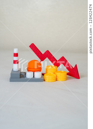 Power company and red arrow pointing down. Worsening of the economic situation of the enterprise. Debt accumulation, inefficiency, or changing energy consumption trends. 128422474