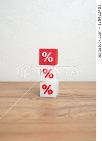 A tower of percentages with a red percentage on top. High long-term burden. Difficulties with loan repayment. Debt restructuring. Financial pressure, high interest burden, and loan default risks. 128422483