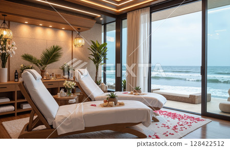 Oceanfront Spa Experience A tranquil spa setting with massage chairs, essential oils, and tropical flower petals, set beside a beachfront with the sound 128422512