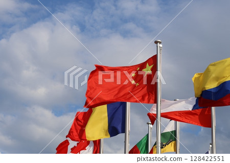 Chinese flag fluttering in the wind Chinese flag fluttering in the wind 128422551