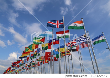 National flag shining against the blue sky National flag shining against the blue sky 128422557