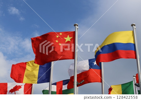 Chinese flag fluttering in the wind Chinese flag fluttering in the wind 128422558
