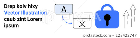 Large lock, text in different languages, arrows ascending, text box with English letter A and foreign script character. Ideal for localization, translation services, language learning, cyber 128422747