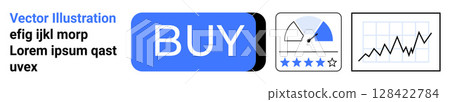 Blue BUY button, rating system with triangle dial and stars, financial chart with rising graph. Ideal for e-commerce, user interfaces, online shopping, ratings systems, financial dashboards, business 128422784