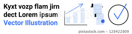 Business growth chart with upward arrow, document review with clipboard, and approval checkmark in blue and black. Ideal for business reports, presentations, marketing materials, startup plans Business growth chart with upward arrow, document review with clipboard, and approval checkmark in blue and black. Ideal for business reports, presentations, marketing materials, startup plans 128422809