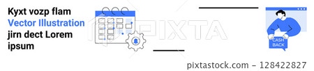 Calendar with gear icon representing automation, text elements, person holding laptop displaying cash back button. Ideal for scheduling, productivity, business automation, finance tech, online 128422827