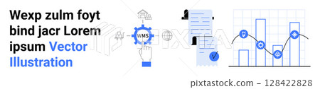 Text elements, hand interacting with WMS gear, documents with checkmark, bar and line charts with points and nodes. Ideal for business analytics, performance review, automation, project management Text elements, hand interacting with WMS gear, documents with checkmark, bar and line charts with points and nodes. Ideal for business analytics, performance review, automation, project management 128422828