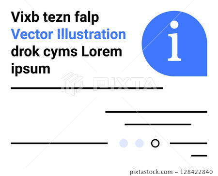 Text blocks with placeholder words, a blue circular information icon, and minimalist lines and dots design. Ideal for web design, UIUX, informational content, landing pages, modern design, simple 128422840
