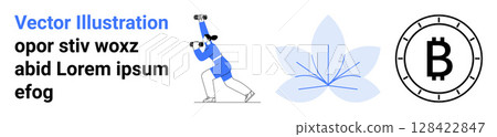 Female character with binoculars, abstract flower, cryptocurrency symbol. Ideal for digital technology, exploration, financial growth, innovation, nature integration, cryptocurrency learning, modern 128422847