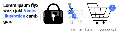 Bold black lock, person with binoculars in blue, and shopping cart with a blue notification circle. Ideal for cybersecurity, e-commerce, privacy, surveillance, online shopping, notifications 128422851