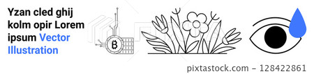 Text block, cryptocurrency symbol, blooming flowers, eye with blue drop. Ideal for technology, cryptocurrency, nature themes, emotional design, website assets, marketing visuals, educational content 128422861