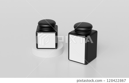 Black Square jars with White Blank Labels Mock up. 3D Rendering. 128422867