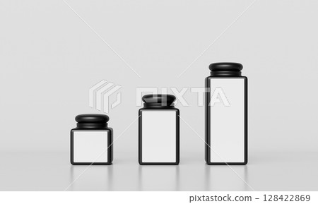 Black Square jars with White Blank Labels Mock up. 3D Rendering. 128422869