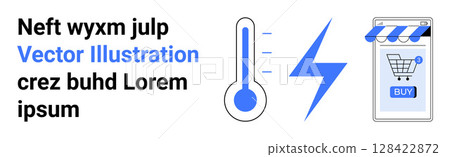 Thermometer, lightning bolt, and mobile shopping cart. Ideal for e-commerce, technology, energy efficiency, online retail, shopping apps, weather apps, and digital marketing. Landing page 128422872
