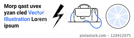 Black electric bolt, leather briefcase with blue cord, futuristic circular tech element. Ideal for technology blogs, business presentations, educational materials, product packaging, marketing 128422875