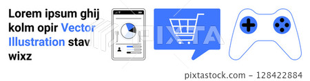 Smartphone with analytics, shopping cart in chat bubble, gaming controller. Ideal for e-commerce, online analytics, digital services, gaming, mobile apps, tech interfaces, shopping. Landing page 128422884